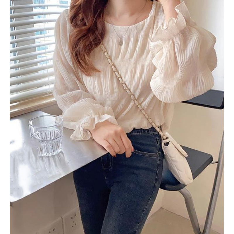 Plisirana chiffon bluza s halter ovratnikom, Feifei rukavi, dugi rukavi, tkanina od akrilnih vlakana, 95%+ glavne tkanine, proljeće 2025, gradski ženski top