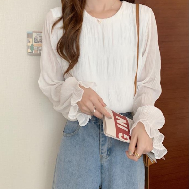 Plisirana chiffon bluza s halter ovratnikom, Feifei rukavi, dugi rukavi, tkanina od akrilnih vlakana, 95%+ glavne tkanine, proljeće 2025, gradski ženski top