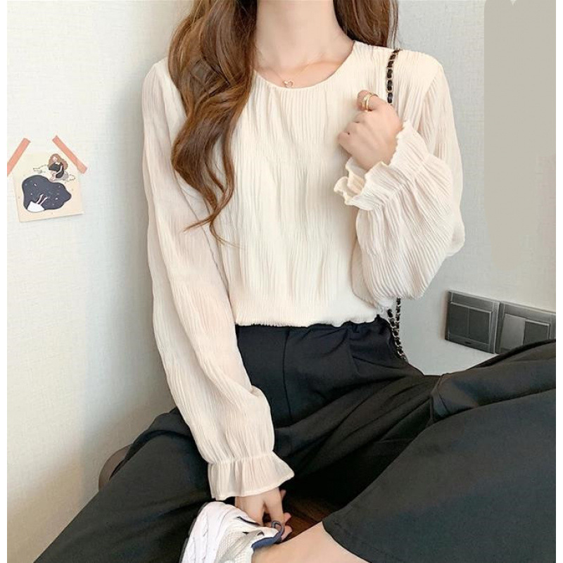 Plisirana chiffon bluza s halter ovratnikom, Feifei rukavi, dugi rukavi, tkanina od akrilnih vlakana, 95%+ glavne tkanine, proljeće 2025, gradski ženski top