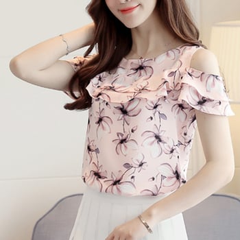 Bluza od šifona bez ramena s otiskom, široki kroj, korejski casual stil, poliester 95% i više