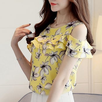 Bluza od šifona bez ramena s otiskom, široki kroj, korejski casual stil, poliester 95% i više