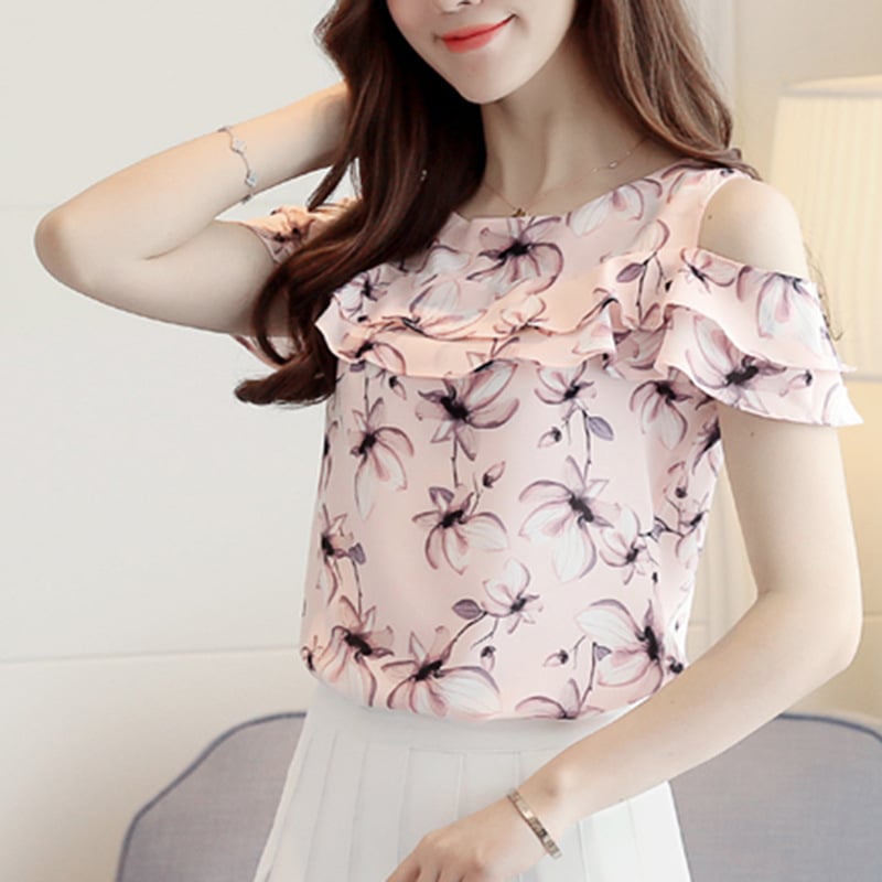 Bluza od šifona bez ramena s otiskom, široki kroj, korejski casual stil, poliester 95% i više