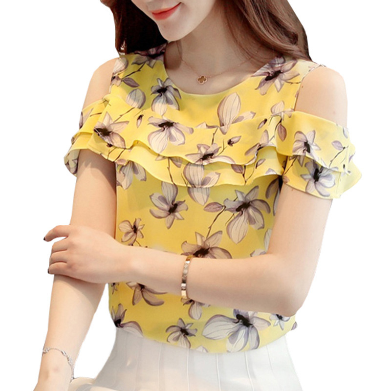 Bluza od šifona bez ramena s otiskom, široki kroj, korejski casual stil, poliester 95% i više