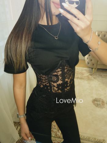 Chiffon csipke patchwork blúz deréköves, kerek nyakú, rövid ujjú, rövid fazon