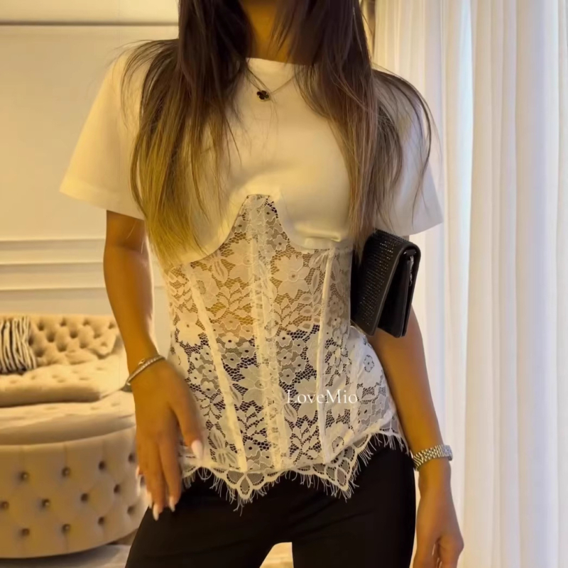 Chiffon csipke patchwork blúz deréköves, kerek nyakú, rövid ujjú, rövid fazon