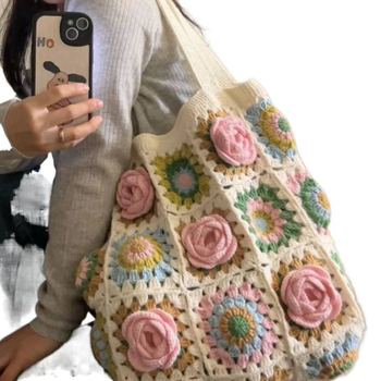 Válltáska — DIY gyapjú kötött, Camellia Grandmother Plaid mintázat, uniszex stílus, 2024 tavasza, mindennapi használatra