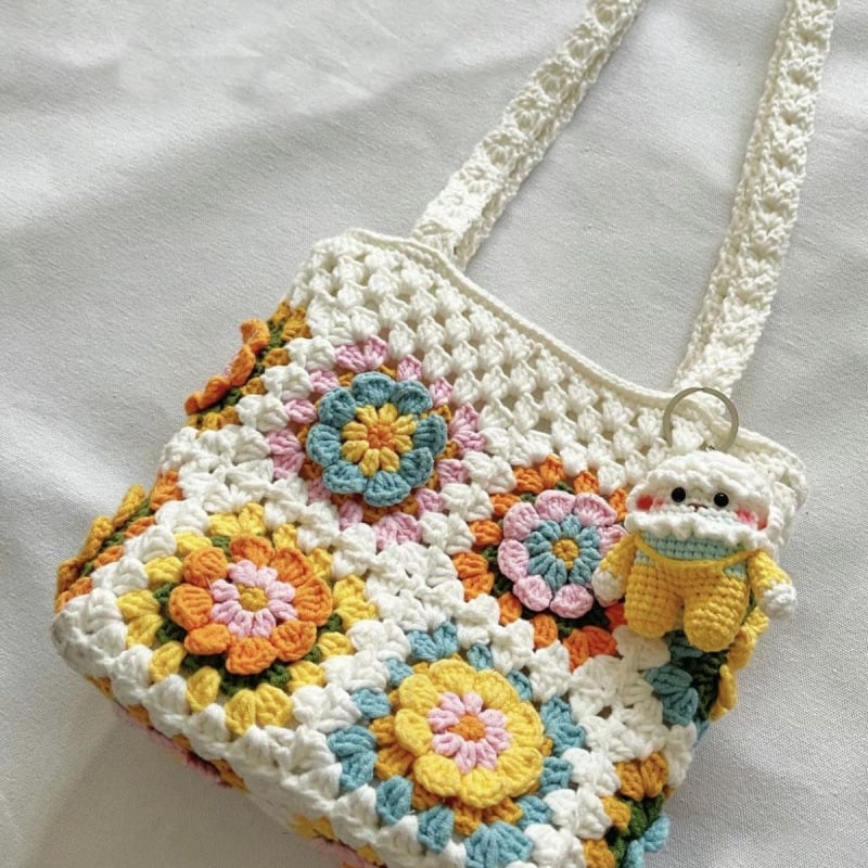 Válltáska — DIY gyapjú kötött, Camellia Grandmother Plaid mintázat, uniszex stílus, 2024 tavasza, mindennapi használatra