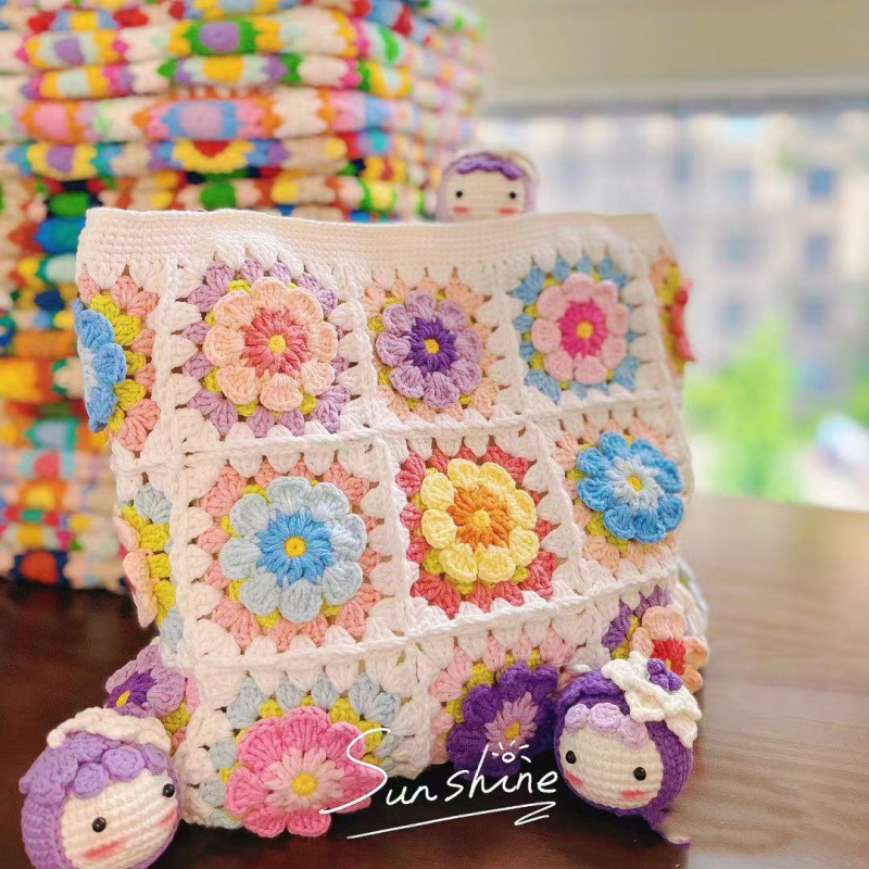 Válltáska — DIY gyapjú kötött, Camellia Grandmother Plaid mintázat, uniszex stílus, 2024 tavasza, mindennapi használatra