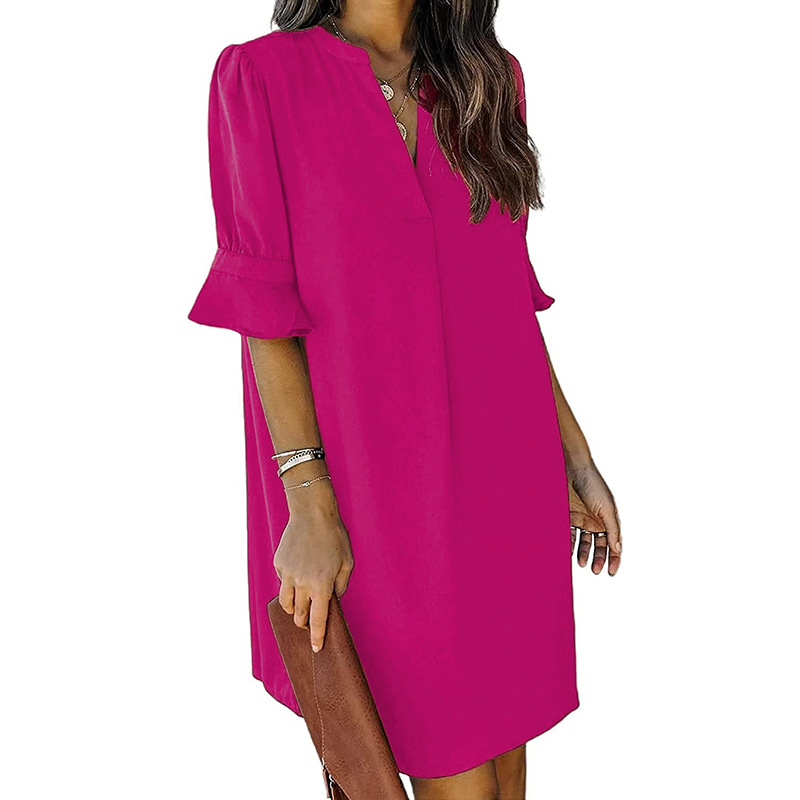 Női nyári chiffon felső rövid ujjú, V-nyakú, laza stílusú felső, 90–95% poliészter