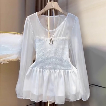 Chiffon blúz kerek nyakkal és fodros részletekkel, 50–70% spandex, női top, tavasz 2025