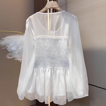 Chiffon blúz kerek nyakkal és fodros részletekkel, 50–70% spandex, női top, tavasz 2025