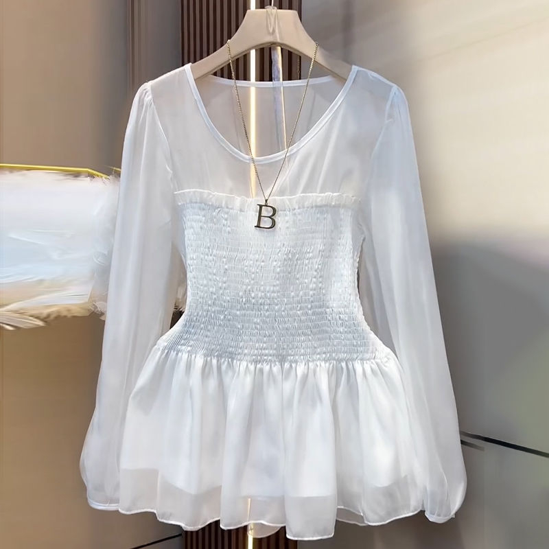 Chiffon blúz kerek nyakkal és fodros részletekkel, 50–70% spandex, női top, tavasz 2025