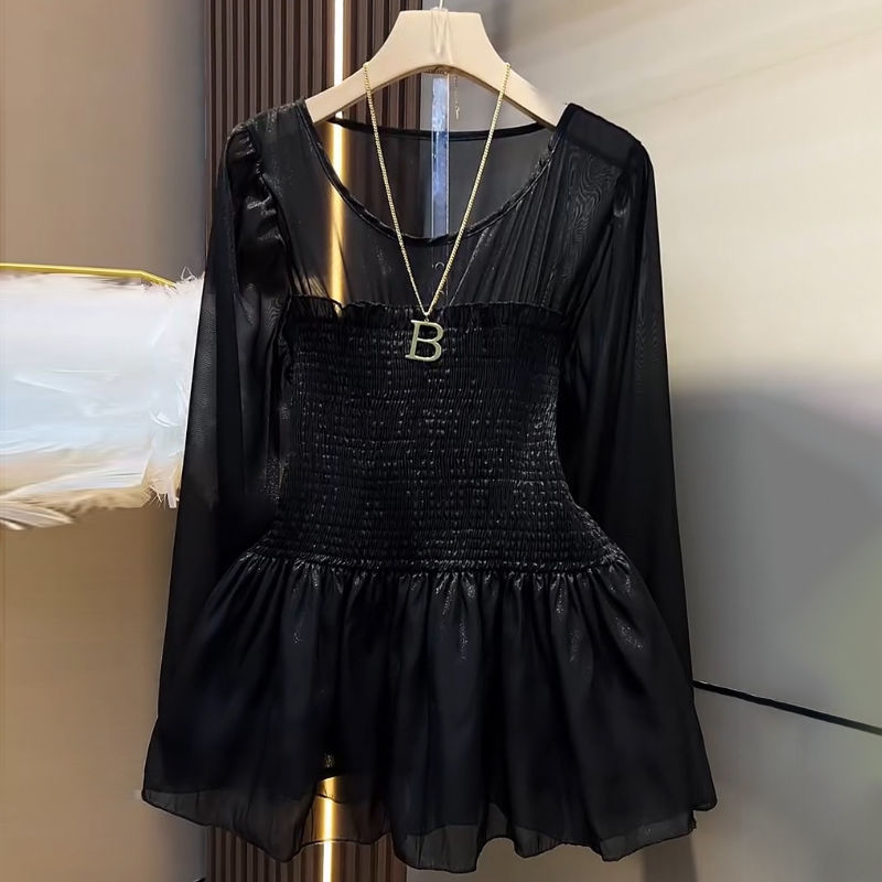 Chiffon blúz kerek nyakkal és fodros részletekkel, 50–70% spandex, női top, tavasz 2025