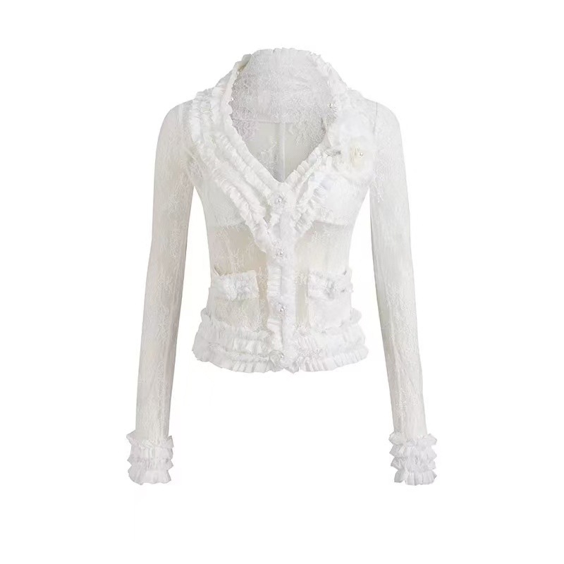 Női kardigán-top gyöngy virág brooch-szal, csipke sifon geometriai minta, karcsú szabás (Poliészter 70-80% / Elasztán 50-70%; Geometriai minta; V-nyak; Karcsú szabás)