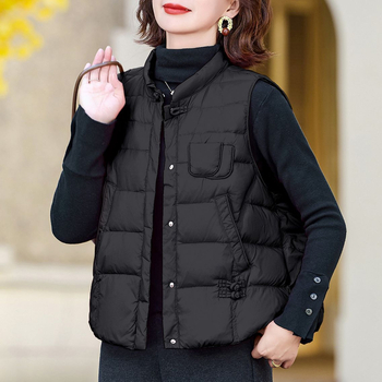 Жилетка за жени без ръкави, стойкова яка, лека, пух от патешки, предно закопчаване с цип, нейлонова материя