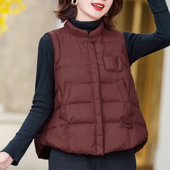 Жилетка за жени без ръкави, стойкова яка, лека, пух от патешки, предно закопчаване с цип, нейлонова материя