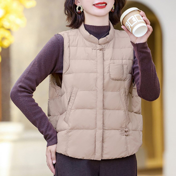Жилетка за жени без ръкави, стойкова яка, лека, пух от патешки, предно закопчаване с цип, нейлонова материя