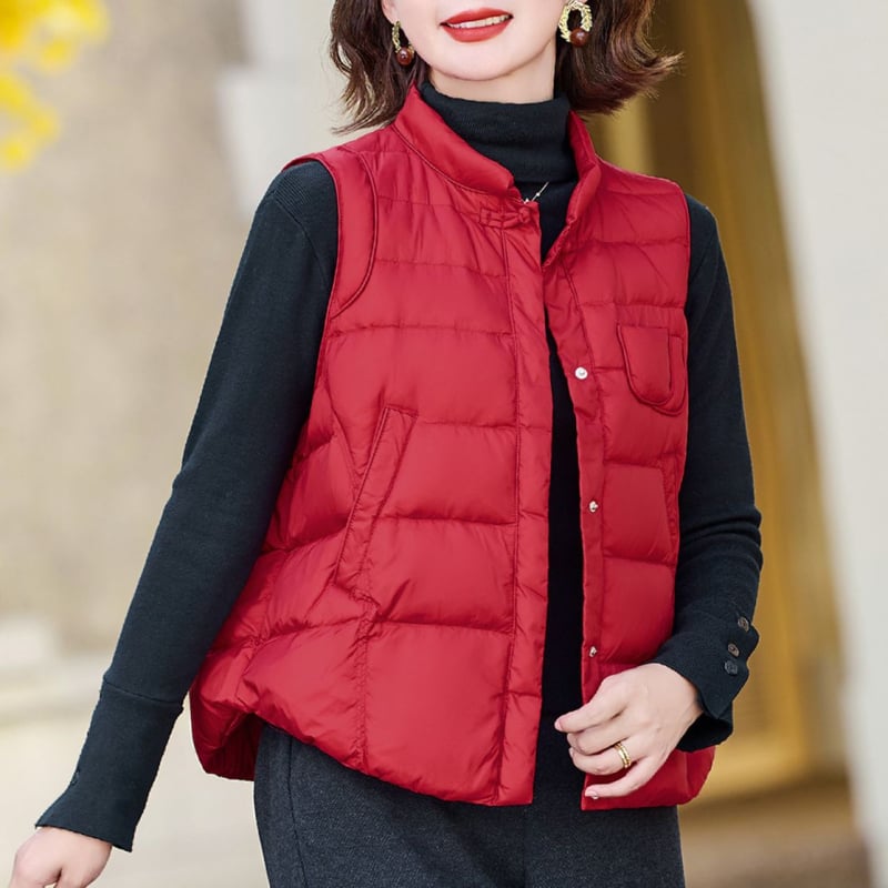 Жилетка за жени без ръкави, стойкова яка, лека, пух от патешки, предно закопчаване с цип, нейлонова материя