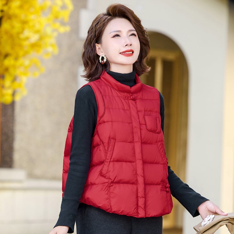 Жилетка за жени без ръкави, стойкова яка, лека, пух от патешки, предно закопчаване с цип, нейлонова материя
