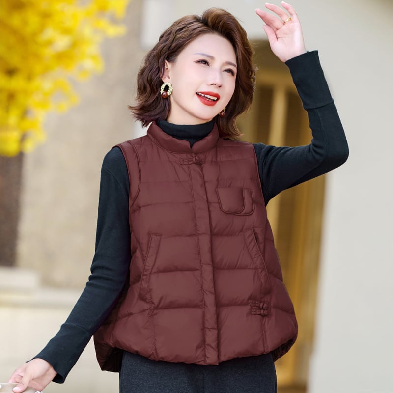 Жилетка за жени без ръкави, стойкова яка, лека, пух от патешки, предно закопчаване с цип, нейлонова материя