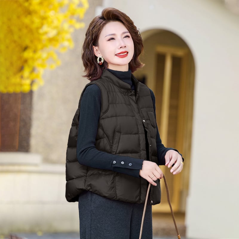 Жилетка за жени без ръкави, стойкова яка, лека, пух от патешки, предно закопчаване с цип, нейлонова материя