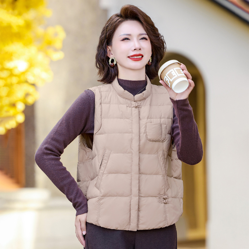 Жилетка за жени без ръкави, стойкова яка, лека, пух от патешки, предно закопчаване с цип, нейлонова материя