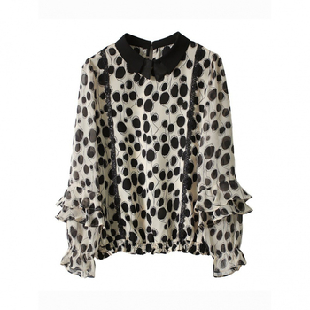 Női chiffon felső csipével, patchwork mintával, hosszú ujjú, babagallér