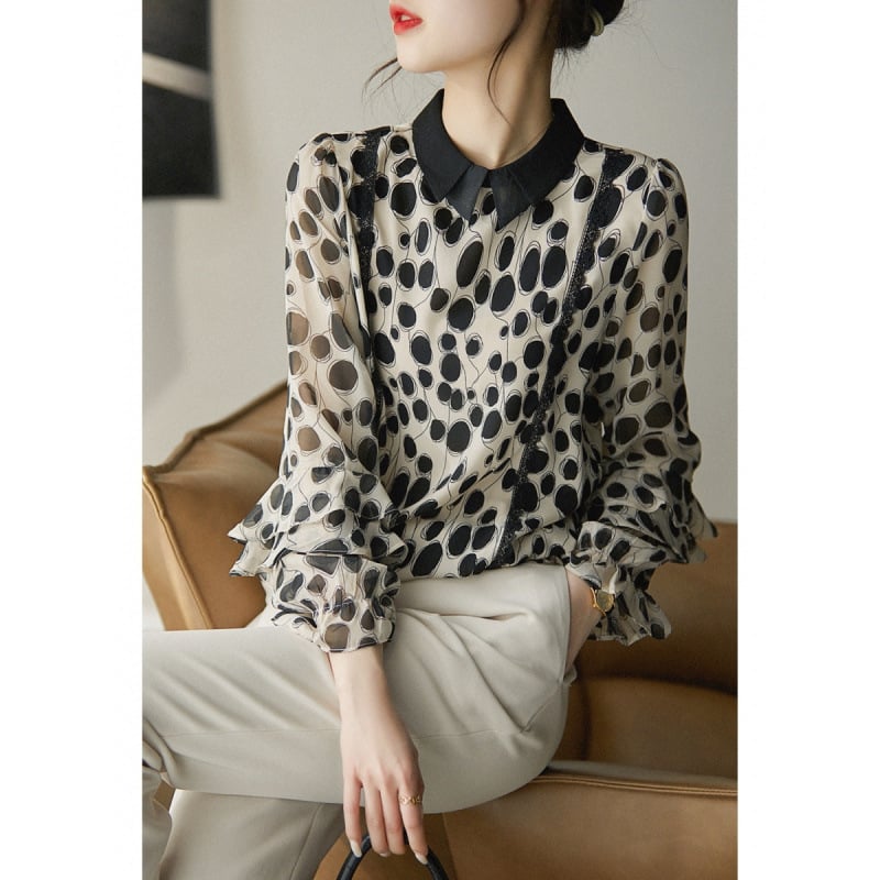 Női chiffon felső csipével, patchwork mintával, hosszú ujjú, babagallér