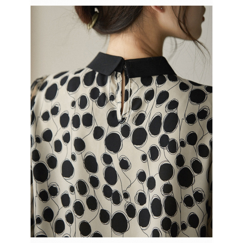 Női chiffon felső csipével, patchwork mintával, hosszú ujjú, babagallér