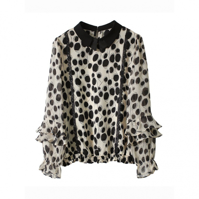 Női chiffon felső csipével, patchwork mintával, hosszú ujjú, babagallér
