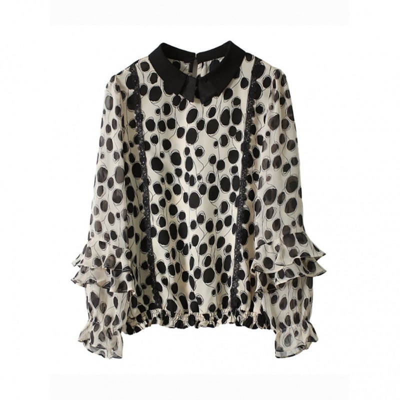 Női chiffon felső csipével, patchwork mintával, hosszú ujjú, babagallér