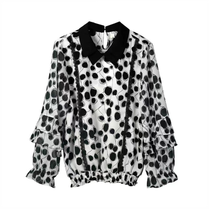 Női chiffon felső csipével, patchwork mintával, hosszú ujjú, babagallér