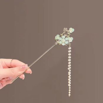 Fém hajcsat virágos mintázattal, antik stílus, gyöngyökkel díszített, Hanfu kiegészítő