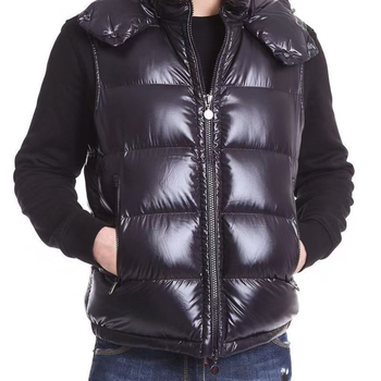 Ανδρικό γιλέκο με κουκούλα, γυαλιστερό ύφασμα, γέμισμα από λευκό πούπουλο χήνας, επένδυση Modal, γιακάς με στήριξη