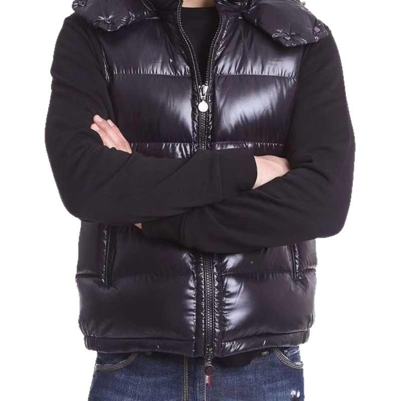 Ανδρικό γιλέκο με κουκούλα, γυαλιστερό ύφασμα, γέμισμα από λευκό πούπουλο χήνας, επένδυση Modal, γιακάς με στήριξη