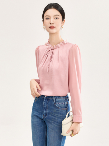 Szatin jacquard hosszú ujjú ing, reguláris fazon, egyszínű, poliészter ≥95%, 3D vágás