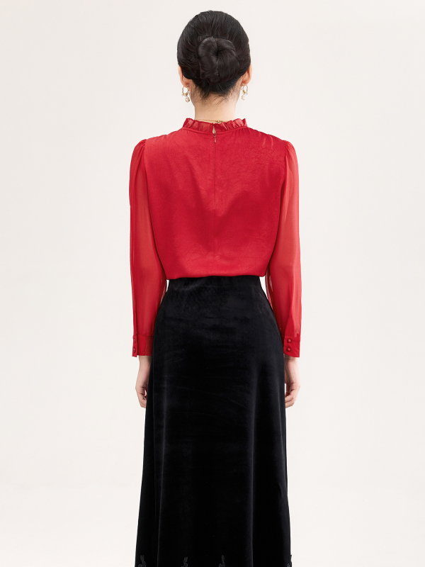 Szatin jacquard hosszú ujjú ing, reguláris fazon, egyszínű, poliészter ≥95%, 3D vágás