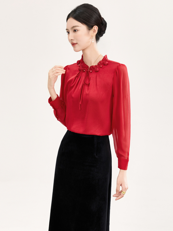 Szatin jacquard hosszú ujjú ing, reguláris fazon, egyszínű, poliészter ≥95%, 3D vágás