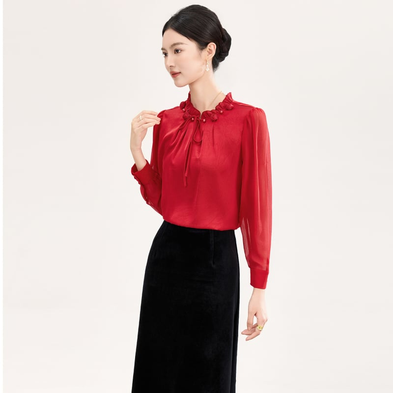 Szatin jacquard hosszú ujjú ing, reguláris fazon, egyszínű, poliészter ≥95%, 3D vágás