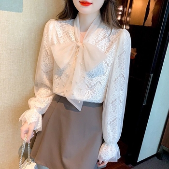 Női bársony masni-díszes csipkés felső gyöngy dekorációval, nyakánál sál-stílusú gallér, rövid ujjú, belső chiffon-ing, 2025 tavasz