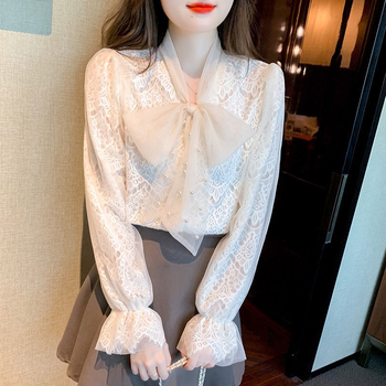 Női bársony masni-díszes csipkés felső gyöngy dekorációval, nyakánál sál-stílusú gallér, rövid ujjú, belső chiffon-ing, 2025 tavasz