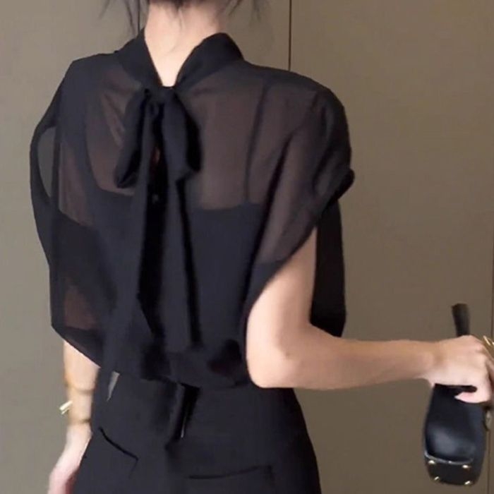 Ženski top s vezicama u Hepburn stilu, poliester, okrugli izrez, ležernog kroja, kolažni detalji