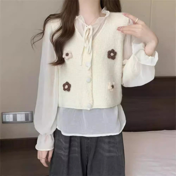 Женска жилетка-кардиган с V-образно деколте, къс стил, плетена материя, есен 2025