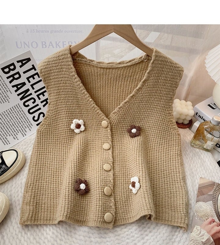 Женска жилетка-кардиган с V-образно деколте, къс стил, плетена материя, есен 2025