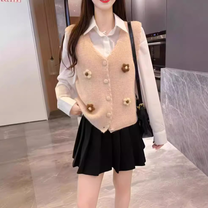 Женска жилетка-кардиган с V-образно деколте, къс стил, плетена материя, есен 2025