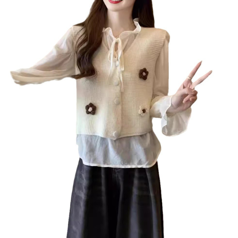 Женска жилетка-кардиган с V-образно деколте, къс стил, плетена материя, есен 2025