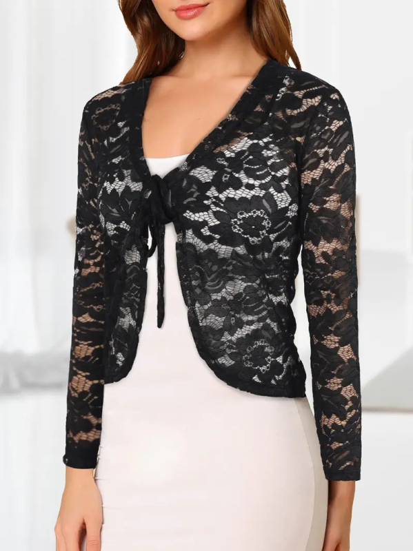 Ženski kardigan od najlona, jednobojan, kratka dužina, dugi rukavi