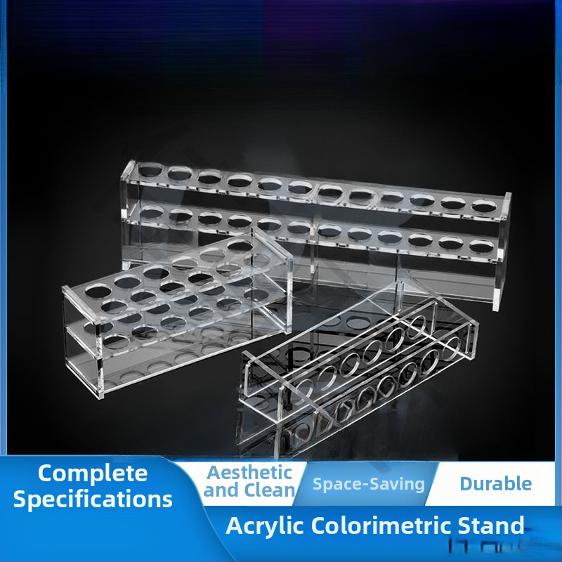 Γυάλινο στήριγμα σωληναρίων χρωματομετρίας για σωληνάρια 10/25/50/100 mL, 6–30 οπές, μονή ή διπλή σειρά