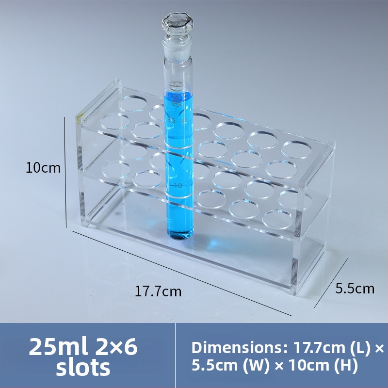 Γυάλινο στήριγμα σωληναρίων χρωματομετρίας για σωληνάρια 10/25/50/100 mL, 6–30 οπές, μονή ή διπλή σειρά