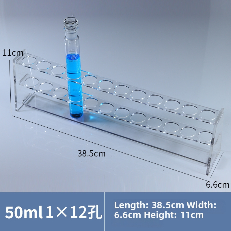 Γυάλινο στήριγμα σωληναρίων χρωματομετρίας για σωληνάρια 10/25/50/100 mL, 6–30 οπές, μονή ή διπλή σειρά